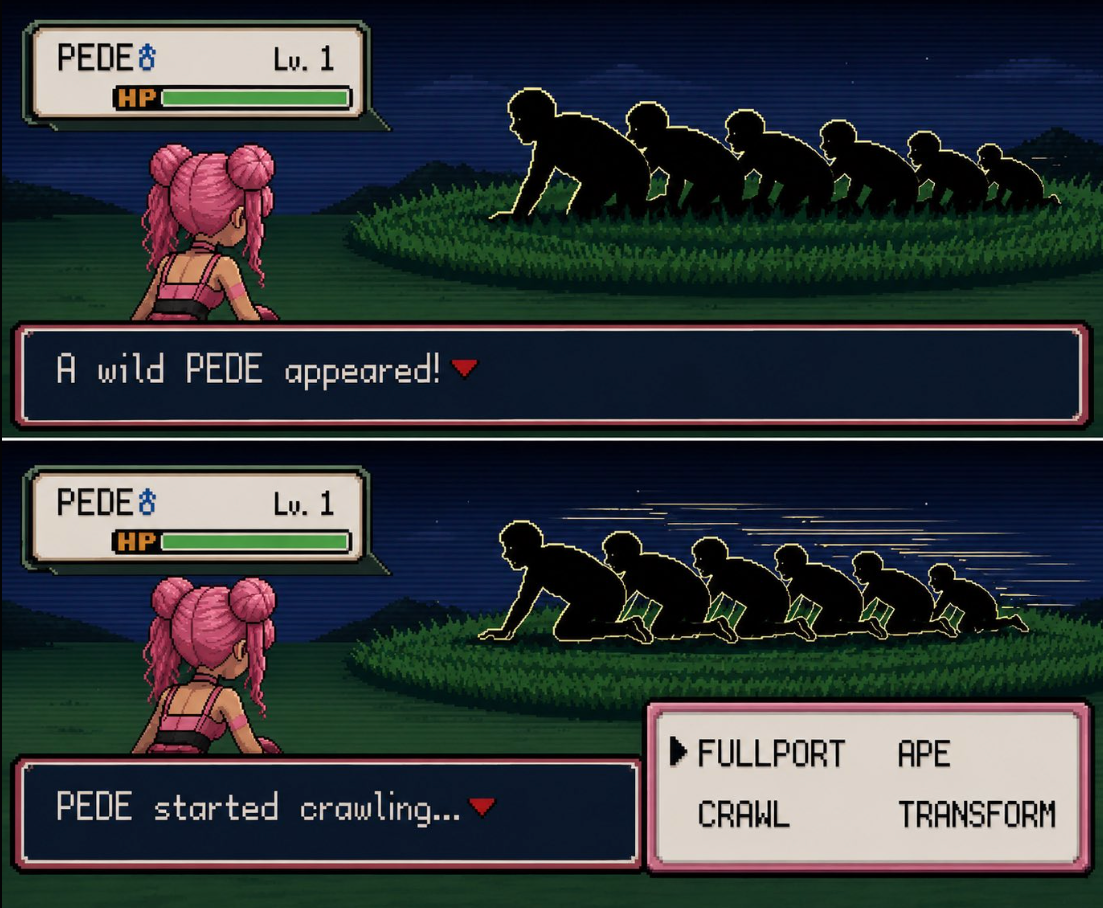 Pixel art Memipede battle scene